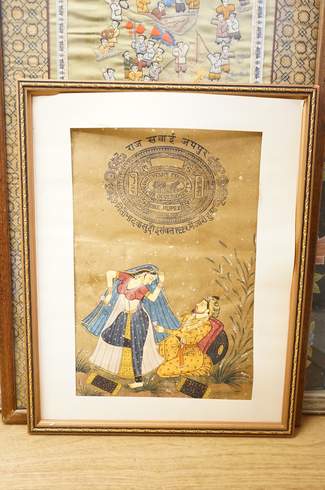 Four Persian and Indian Mughal style watercolours, to include one depicting an emperor and attendants, together with a decorative Chinese silk embroidery, largest 89 x 49cm